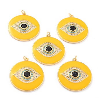 Real 18K Gold Plated Brass Micro Pave Cubic Zirconia Pendants, with Jump Ring and Enamel, Long-Lasting Plated, Flat Round with 
Evil Eye, Yellow, 33x30x4mm, Jump Ring: 5x1mm, 3mm Inner Diameter