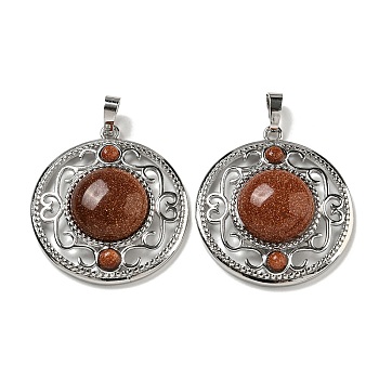 Synthetic Goldstone Pendants, Rack Plating Brass Hollow Flat Round Charms, Cadmium Free & Lead Free, Platinum, 36.5x33x9.5mm, Hole: 7.5x5mm