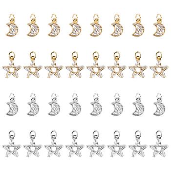 ELITE Moon & Star Brass Micro Pave Clear Cubic Zirconia Charms, with Jump Rings, Long-Lasting Plated, Mixed Color, 12x7.5x2.5mm and 14x12x3mm, Hole: 3mm, 16pcs/box