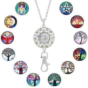 DIY Interchangeable Tree of Life Office Lanyard ID Badge Holder Necklace Making Kit, Including Glass Snap Buttons & Alloy Keychain Making, 304 Stainless Steel Cable Chains Necklace, Mixed Color, 14Pcs/box