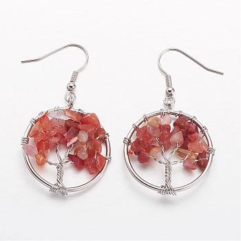 Dangle Earrings, with Natural Carnelian Beads and Brass Hooks, Ring with Tree of Life, 50mm, Pin: 0.6mm