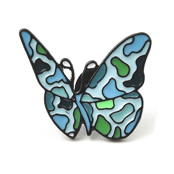 Black Alloy Brooches, Butterfly Enamel Pins for Women, Light Sky Blue, 22x26x1.5mm