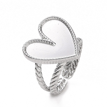 304 Stainless Steel Open Cuff Ring Findings, Ring Setting, Heart, Stainless Steel Color, Heart Tray: 16x16mm, US Size 7 1/4(17.5mm)