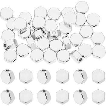 50Pcs Brass Beads, Nickel Free, Hexagon, Real Platinum Plated, 6x7x3mm, Hole: 1.5mm