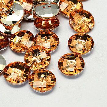 Taiwan Acrylic Rhinestone Buttons, Faceted, 2-Hole, Disc, Orange, 10x4mm, Hole: 1mm