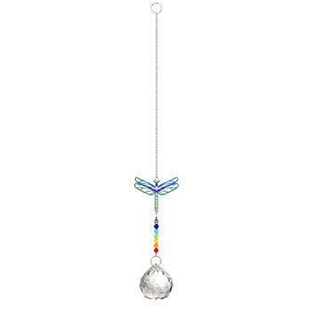 Metal Animal Hanging Ornaments, Teardrop & Rainbow Color Glass Suncatchers for Home Outdoor Decoration, Dragonfly, 345x65mm