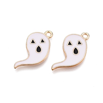 Halloween Theme Alloy Enamel Pendants, Cadmium Free & Lead Free, Light Gold, Ghost Charm, White, 14.5x19.5x1.5mm, Hole: 1.6mm