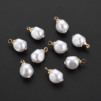 ABS Plastic Imitation Pearl Charms, with Golden Plated Brass Loop and Crystal Rhinestone, Nuggets, Creamy White, 12.5x7.5x8mm, Hole: 1.6mm