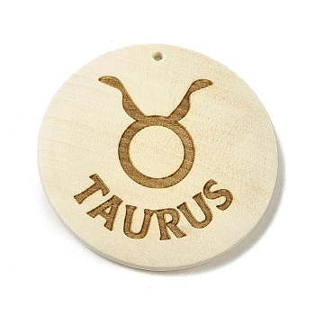 Wood Pendants, Flat Round, Taurus, 40x39x6mm, Hole: 1.6mm