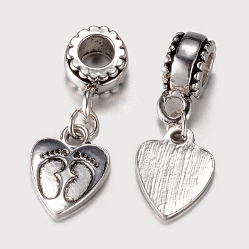 Alloy European Dangle Charms, Large Hole Pendants, Heart with Footprint, Antique Silver, 9x5.5mm, Hole: 5mm