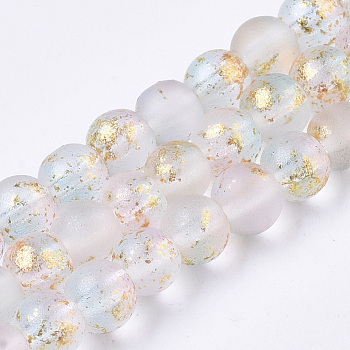 Frosted Spray Painted Glass Beads Strands, with Golden Foil, Round, Lavender Blush, 4~5mm, Hole: 0.9~1.2mm, about 95~103pcs/Strand, 13.78 inch~14.88 inch(35~37.8cm)