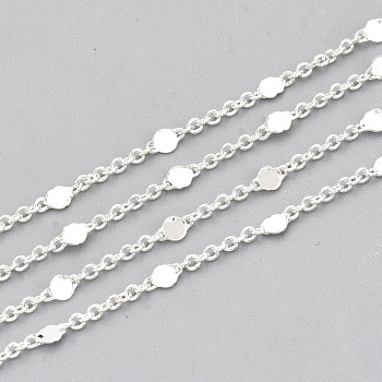 3.28 Feet Brass Link Chains, Cable Chains, Soldered, with Flat Round Link, Silver, 1.5x1x0.3mm