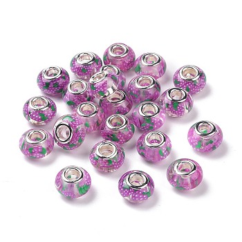 Transparent Resin European Rondelle Beads, Large Hole Beads, with Grape Polymer Clay and Platinum Tone Alloy Double Cores, Medium Orchid, 14x8.5mm, Hole: 5mm