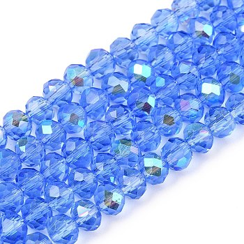 Electroplate Glass Beads Strands, Half Rainbow Plated, Faceted, Rondelle, Cornflower Blue, 4x3mm, Hole: 0.4mm, about 113~115pcs/strand, 41~41.5cm