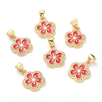 Brass Micro Pave Cubic Zirconia Pendants, Real 18K Gold Plated, Long-Lasting Plated, Flower, Red, 16x13.5x1.5mm, Hole: 5x3mm