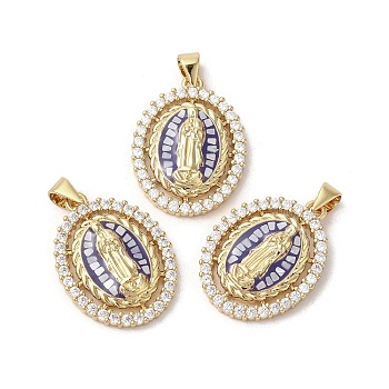 Oval with Virgin Mary Brass Micro Pave Cubic Zirconia Pendants, with Enamel & Shell, Long-Lasting Plated, Lead Free & Cadmium Free, Real 18K Gold Plated, Blue, 24.5x18.5x4mm, Hole: 5x3.5mm