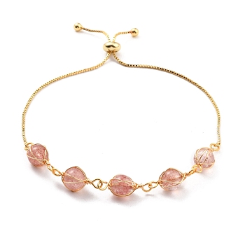 Natural Strawberry Quartz Wrapped Bracelets, Golden Brass Slider Bracelet for Women, Lead Free & Cadmium Free, 10-5/8 inch(27cm)