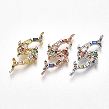 Brass Cubic Zirconia Links, Dolphin, Mixed Color, 31x15x3.5mm, Hole: 0.8mm