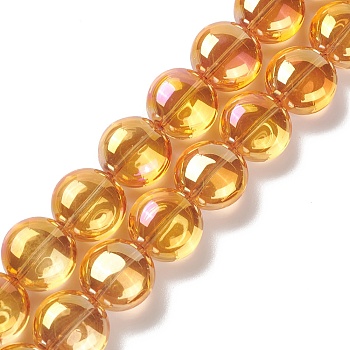 Transparent Electroplate Glass Bead Strands, Rainbow Plated, Flat Round, Orange, 12x8mm, Hole: 1.2mm, about 50pcs/strand, 24.41''(62cm)