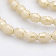 Pearl Luster Plated Imitation Jade Glass Faceted Rice Beads Strands, Pale Goldenrod, 6x4mm, Hole: 1mm, about 72pcs/strand, 16 inch(GLAA-A030A-PL02)