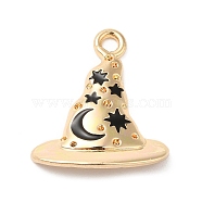 Halloween Theme Alloy Pendants, with Enamel, Hat with Moon & Star Charm, Golden, Black, 21x17.5x2mm, Hole: 2mm(ENAM-H041-02G)