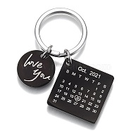 Engraved Calendar Date Stainless Steel Keychain, Square & Flat Round with Word Love You, Electrophoresis Black & Stainless Steel Color, 60mm(KEYC-A028-EB&P)