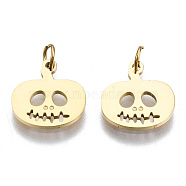 304 Stainless Steel Charms, with Jump Rings, Laser Cut, Jack-O-Lantern, for Halloween, Real 14K Gold Plated, 10x10x1mm, Jump Ring: 3.4x0.5mm, 2.4mm inner diameter(STAS-S116-402G)