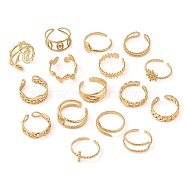 Ion Plating(IP) 304 Stainless Steel Open Cuff Rings for Women, Real 14K Gold Plated, Mixed Shapes, 5.5~11mm, Adjustable(RJEW-Z057-10G)