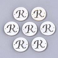 Natural Freshwater Shell Links Connectors, Flat Round with Letter, Letter.R, 14.5x1.5mm, Hole: 0.9mm(SHEL-S276-120R)