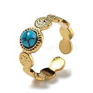 304 Stainless Steel Open Cuff Rings, Synthetic Turquoise Round Finger Rings for Women Men, Real 18K Gold Plated, Adjustable(STAS-Z060-15G-04)