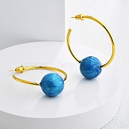 Round Brass Enamel Hoop Earrings for Women, Real 22K Gold Plated, Blue, 38.5x16.5mm(EJEW-Q391-35G-01)