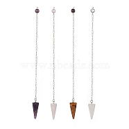 Mixed Natural Gemstone Hexagonal Pointed Dowsing Pendulums, with 304 Stainless Steel Findings, Faceted Cone Charm, 220mm(PALLOY-JF01982)