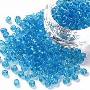(Repacking Service Available) Glass Seed Beads, Transparent, Round, Sky Blue, 6/0, 4mm, Hole: 1.5mm, about 12G/bag(SEED-C013-4mm-3)