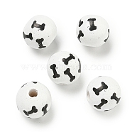 Printed Wood European Beads, Round with Bone Pattern, White, 15.5~16mm, Hole: 4~4.5mm(WOOD-G022-04A)