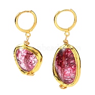 Brass Huggie Hoop Earring, with Dyed Natural Quartz Crystal Pendants, Nuggets, Golden, Cerise, 39.5~48mm, Pin: 1mm(EJEW-JE04374-03)