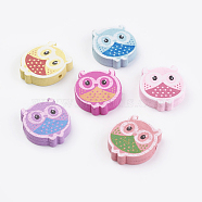 Natural Wood Printed Beads, Dyed, Owl, Mixed Color, 20x18x5mm, Hole: 2mm, about 650pcs/500g(WOOD-Q030-13)