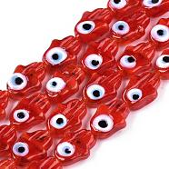 Handmade Evil Eye Lampwork Beads Strands, Hamsa Hand, Red, 14x10x4mm, Hole: 1mm, about 28pcs/strand, 14.65~14.96 inch(37.2~38cm)(LAMP-WH0006-06D)