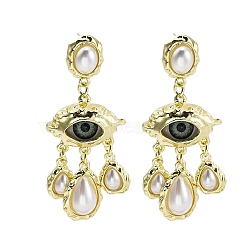 Alloy & Resin & Imitation Pearl Dangle Stud Earrings, Evil Eye with Teardrop, Golden, 61x26mm(EJEW-M075-02G)