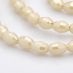 Pearl Luster Plated Imitation Jade Glass Faceted Rice Beads Strands, Pale Goldenrod, 6x4mm, Hole: 1mm, about 72pcs/strand, 16 inch(GLAA-A030A-PL02)