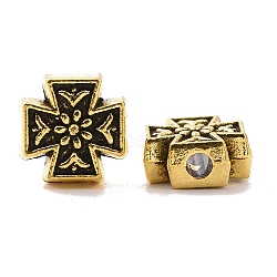 Tibetan Style Alloy Beads, Cross with Flower, Antique Golden, 8x8x4mm, Hole: 1.6mm, about 1219pcs/1000g(FIND-H038-02AG)