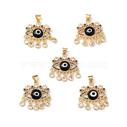 Lampwork Evil Eye Pendants with Colorful Cubic Zirconia, Real 18K Gold Plated Brass Findings, Lead Free & Cadmium free, Black, 27x22.5x4.5mm, Hole: 4x3.5mm(ZIRC-L102-13G-03)