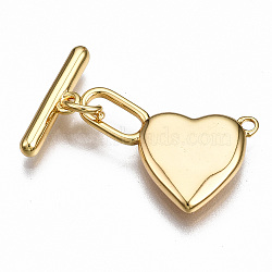 Brass Toggle Clasps, Nickel Free, Heart, Real 18K Gold Plated, 25mm long, Bar: 15x4.5x2.5mm, hole: 1.4mm, Jump Ring: 5x1mm, Inner Diameter: 3mm, Heart: 20X14X3mm, Hole: 1.2mm and 3x7mm(X-KK-T063-103G-NF)