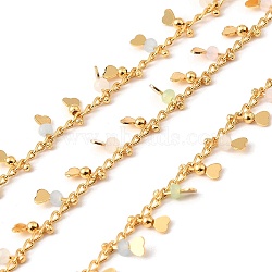 Handmade Brass Link Chain, with Glass Beads, Soldered, with Spool, Real 18K Gold Plated, Misty Rose, 3x1.5x0.3mm and 7x3x2~2.5mm, about 16.40 Feet(5m)/Roll(CHC-E028-05G-01)