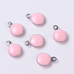 Stainless Steel Enamel Charms, Enamelled Sequins, Flat Round, Pink, 11x8x3mm, Hole: 1mm(STAS-P049-06)