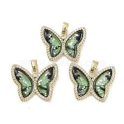 Real 18K Gold Plated Rack Plating Brass Micro Pave Cubic Zirconia Pendants, with Resin, Long-Lasting Plated, Cadmium Free & Lead Free, Butterfly, Green, 21.5x26.5x5mm, Hole: 6x2.7mm(KK-R161-05G-07)