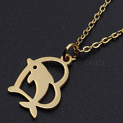201 Stainless Steel Pendant Necklaces, with Cable Chains and Lobster Claw Clasps, Heart with Dolphin, Golden, 15.74 inch(40cm), 1.5mm(NJEW-S105-JN556-40-2)