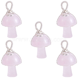 Natural Rose Quartz Pendants, Mushroom Charms, with Silver Color Plated Copper Wire Wrapped, 30x15x16mm, Hole: 5mm(PALLOY-SW0004-08)