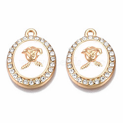 Rack Plating Alloy Enamel Pendants, with Crystal Rhinestone, Light Gold, Cadmium Free & Nickel Free & Lead Free, Oval with Flower, White, 21x16x4mm, Hole: 1.6mm(PALLOY-N172-062C)