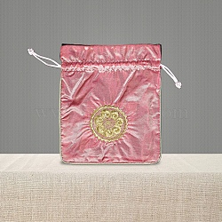 Chinese Style Brocade Drawstring Gift Blessing Bags, Jewelry Storage Pouches for Wedding Party Candy Packaging, Rectangle with Flower Pattern, Light Coral, 18x15cm(PW-WG69519-04)
