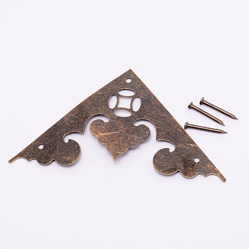 Iron Box Corner Protectors, with Screws, For Furniture Jewelry Box Decoration, Triangle, Antique Bronze, 42x82x0.5mm, Hole: 1.8mm, Screws: 16x3mm, Pin: 1.5mm